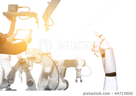 Robotics technology engineers with robotic arms Robotics technology engineers with robotic arms 44723600