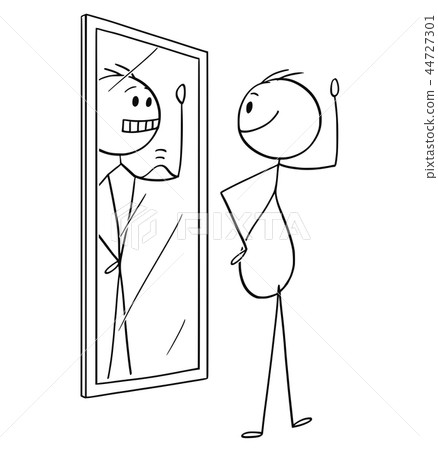 Cartoon of Fat Obese Overweight Man Looking at Himself in the Mirror and Seeing Yourself Thin and in