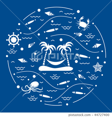 octopus, fish, island with palm trees and a 44727400