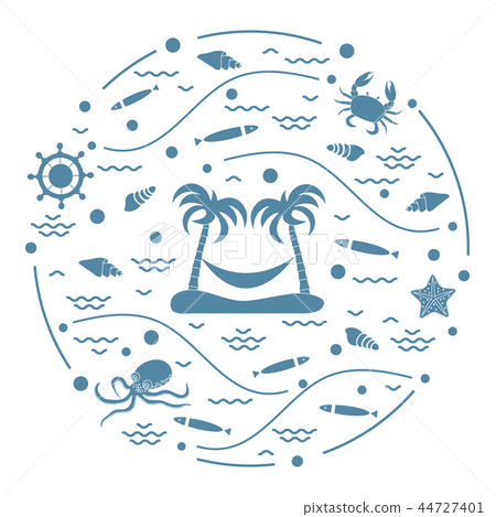 octopus, fish, island with palm trees and a octopus, fish, island with palm trees and a 44727401