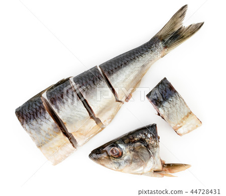 Fresh herring cut into pieces on a white, isolated Fresh herring cut into pieces on a white, isolated 44728431