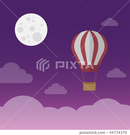 Hot air balloon on night sky with full moon 44734379
