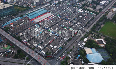 Aerial view of slums. Poor houses and roads in Bangna, Klong Toe Aerial view of slums. Poor houses and roads in Bangna, Klong Toe 44735793