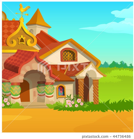 Poster with a fabulous Royal wooden house in a field with green grass and blue sky. Vector cartoon Poster with a fabulous Royal wooden house in a field with green grass and blue sky. Vector cartoon 44736486