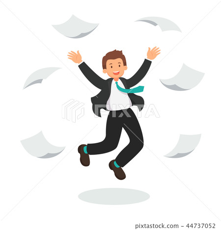 Happy businessman jumping with paper documents Happy businessman jumping with paper documents 44737052