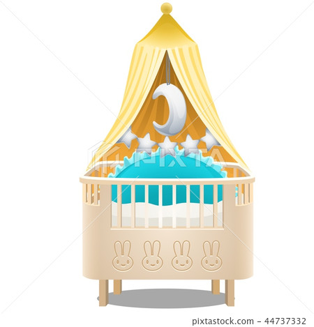 Childrens wooden four-poster bed isolated on white background. Vector cartoon close-up illustration. 44737332