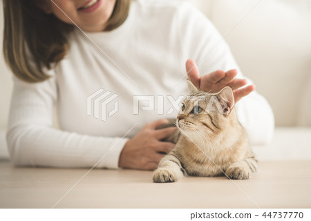Asian Young woman playing with cat Asian Young woman playing with cat 44737770