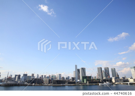 Construction site and high-rise apartment buildings of the 2020 Tokyo Olympic Village seen from the Toyosu market rooftop Construction site and high-rise apartment buildings of the 2020 Tokyo Olympic Village seen from the Toyosu market rooftop 44740616