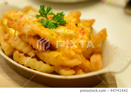 French fries and cheese in a white bowl 44741442