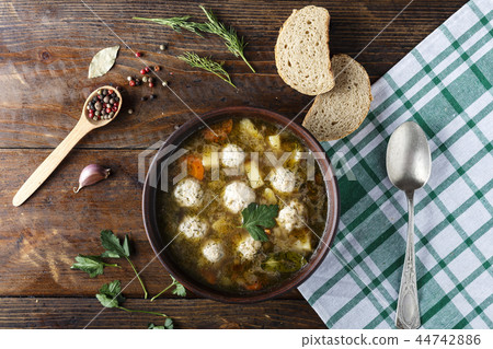 soup with meatballs on the table soup with meatballs on the table 44742886