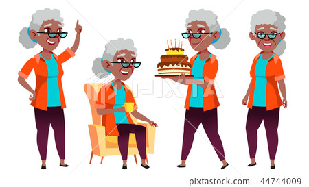 Old Woman Poses Set Vector. Black. Afro American. Elderly People. Senior Person. Aged. Caucasian Old Woman Poses Set Vector. Black. Afro American. Elderly People. Senior Person. Aged. Caucasian 44744009