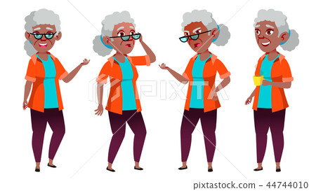 Old Woman Poses Set Vector. Black. Afro American. Elderly People. Senior Person. Aged. Friendly Old Woman Poses Set Vector. Black. Afro American. Elderly People. Senior Person. Aged. Friendly 44744010