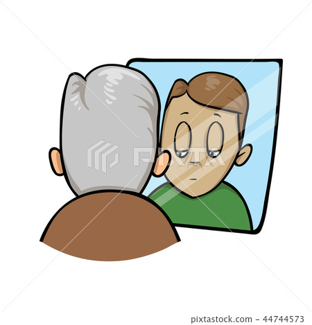 Sad old man looking at younger himself in the mirror. Flat vector illustration. Isolated on white Sad old man looking at younger himself in the mirror. Flat vector illustration. Isolated on white 44744573