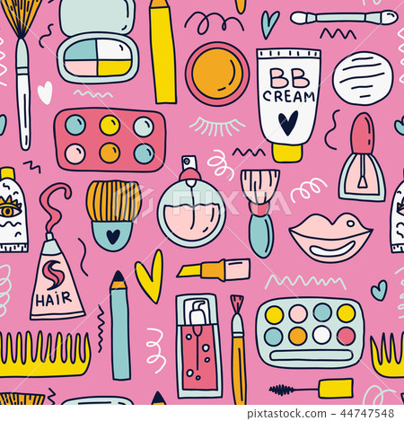 Cute doodle illustration with cosmetics symbols isolated on white background. Cute doodle illustration with cosmetics symbols isolated on white background. 44747548