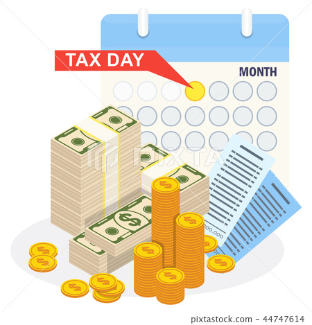 Tax day concept. Stack of money and calendar Tax day concept. Stack of money and calendar 44747614