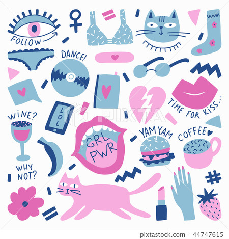 Collection with hand phrases and symbols for teenage girls. Collection with hand phrases and symbols for teenage girls. 44747615