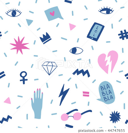 Seamless pattern with hand phrases and symbols for teenage girls. Seamless pattern with hand phrases and symbols for teenage girls. 44747655