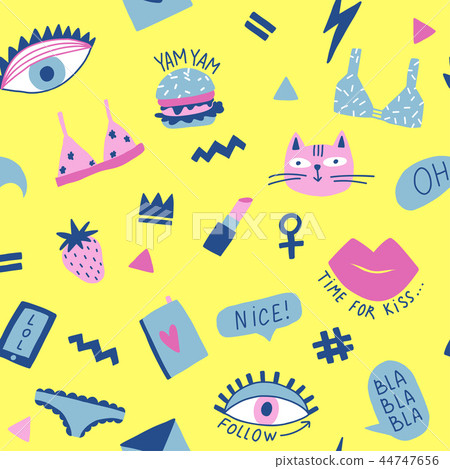 Seamless pattern with hand phrases and symbols for teenage girls. Seamless pattern with hand phrases and symbols for teenage girls. 44747656