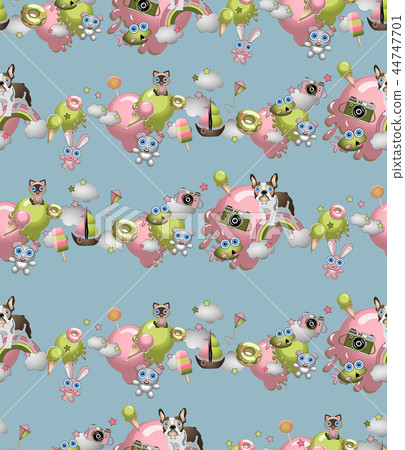 Seamless pattern in the cartoon style with toys, pets, sweets, ice cream, balloons. Child concept Seamless pattern in the cartoon style with toys, pets, sweets, ice cream, balloons. Child concept 44747701