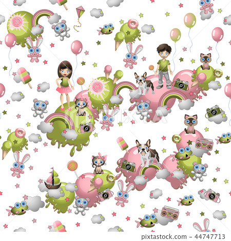 Seamless pattern in the cartoon style with children, toys, pets, sweets, ice cream, balloons. Child Seamless pattern in the cartoon style with children, toys, pets, sweets, ice cream, balloons. Child 44747713
