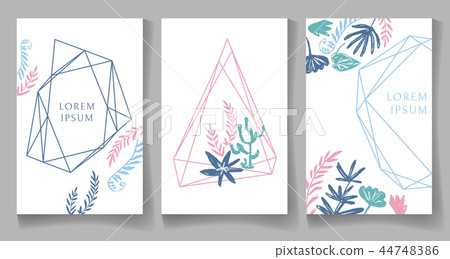 Set of pastel color cards, geometric trendy crystal design. Hand 44748386