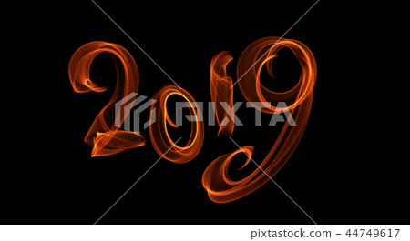 Happy new year 2019 isolated numbers lettering written with fire flame or smoke on black background 44749617