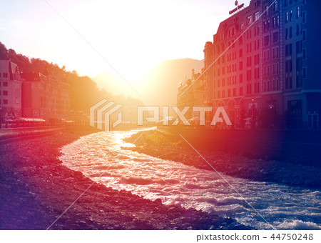 Photo of a beautiful mountain river and hotels 44750248