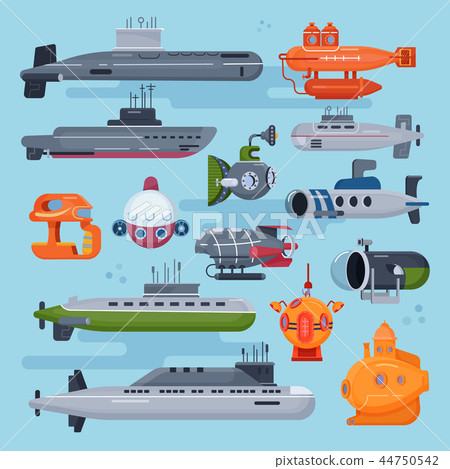 Submarine vector sea pigboat or marine sailboat underwater and ship transport in deep ocean Submarine vector sea pigboat or marine sailboat underwater and ship transport in deep ocean 44750542