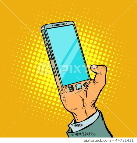 Man with hand smartphone. The gadget is implanted in the human b Man with hand smartphone. The gadget is implanted in the human b 44751431