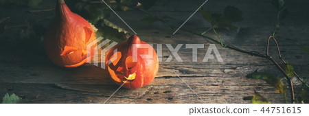 Halloween pumpkin head jack leaves wooden 44751615