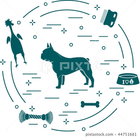Silhouette of french bulldog, bowl, bone, brush, Silhouette of french bulldog, bowl, bone, brush, 44751681