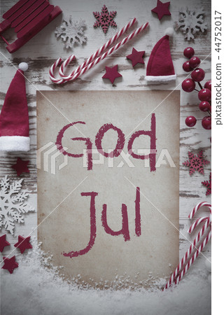 Retro Flat Lay, Snow, God Jul Mean Merry Christmas Retro Flat Lay, Snow, God Jul Mean Merry Christmas 44752017