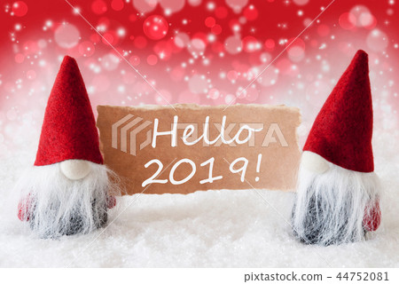 Red Christmassy Gnomes With Card, Text Hello 2019 44752081