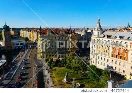 View of Prague with buildings and road trafic, Czech Republic. 44757444