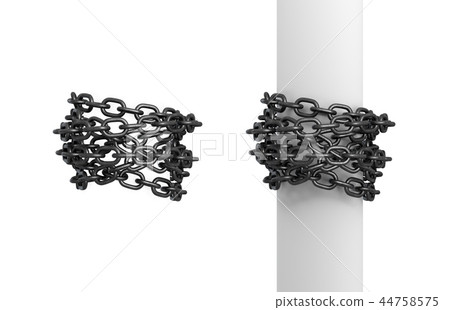 3d rendering of two pieces of iron chains, one curled around a post, and another around itself. 3d rendering of two pieces of iron chains, one curled around a post, and another around itself. 44758575