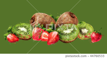 Strawberry and kiwi on green background. Watercolor illustration Strawberry and kiwi on green background. Watercolor illustration 44760533