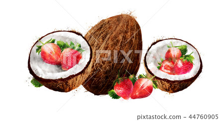 Watercolor coconut and strawberry on white background Watercolor coconut and strawberry on white background 44760905