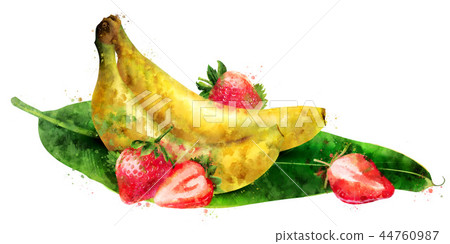 Banana and strawberry on white background. Watercolor illustration 44760987