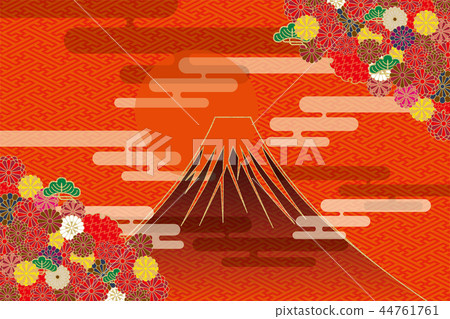 Background for New Year's image of kimono Japanese pattern and Mt. Fuji and sunrise Red: Material for new year's cards 44761761