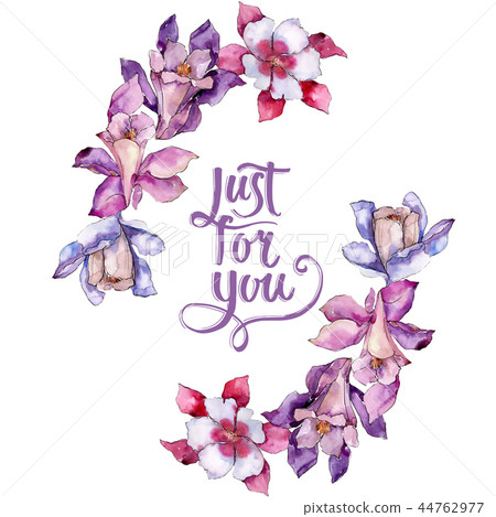 Watercolor colorful aquilegia flower. Floral botanical flower. Frame border ornament square. 44762977
