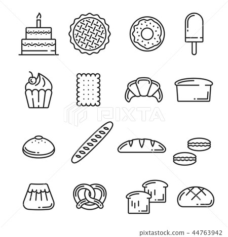 Vector bread and pastry bakery lineart icons - Stock Illustration ...