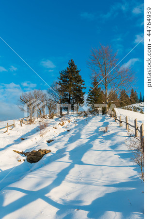 Winter  morning mountain rural snow covered path 44764939