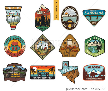 Vintage hand drawn travel badges set. Camping labels concepts. Mountain expedition logo designs Vintage hand drawn travel badges set. Camping labels concepts. Mountain expedition logo designs 44765136