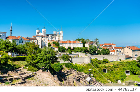 The Ancient Theatre and the Notre-Dame Basilica at Fourviere - Lyon, France 44765137