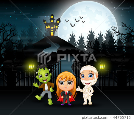 Happy kids wearing halloween costume outdoors with Happy kids wearing halloween costume outdoors with 44765715