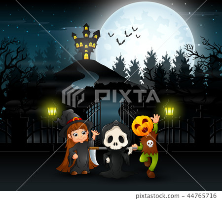 Happy kids wearing halloween costume outdoors with Happy kids wearing halloween costume outdoors with 44765716