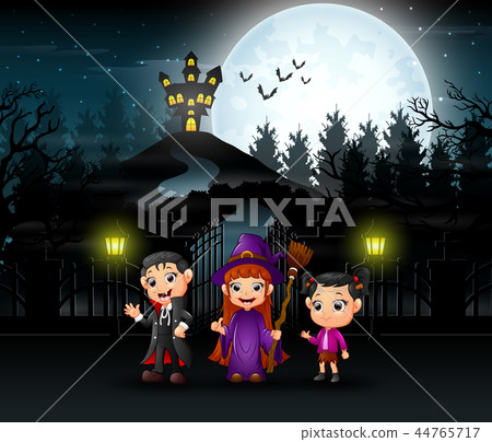 Happy kids wearing halloween costume outdoors with Happy kids wearing halloween costume outdoors with 44765717