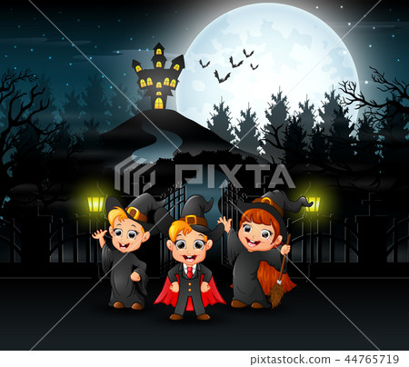 Happy kids wearing halloween costume outdoors with Happy kids wearing halloween costume outdoors with 44765719