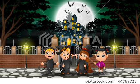 Happy kids wearing halloween costume outdoors with Happy kids wearing halloween costume outdoors with 44765723