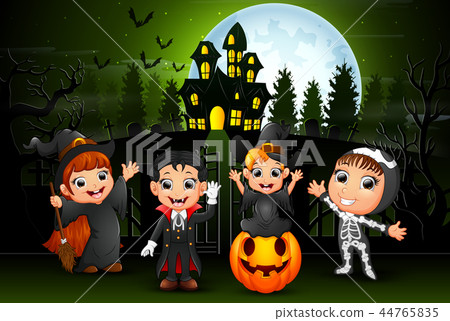 Happy halloween kids outdoors with haunted house b Happy halloween kids outdoors with haunted house b 44765835